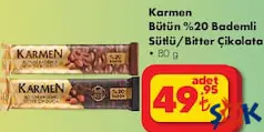 KARMEN BÜTÜN %20 BADEMLİ SÜTLÜ/BİTTER ÇİKOLATA 80 G fiyat ve kampanya bilgisi